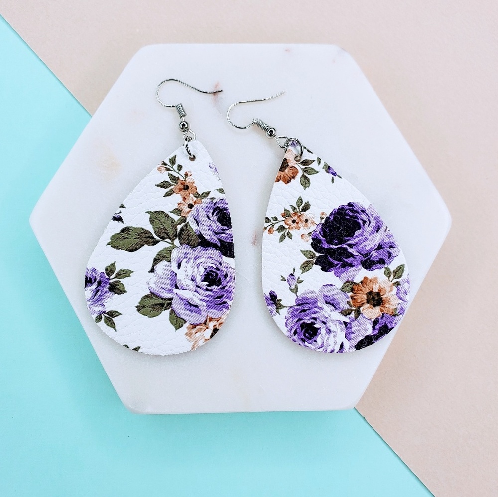Purple Flower Print Leather Leaf Earrings - Picture 1 of 4